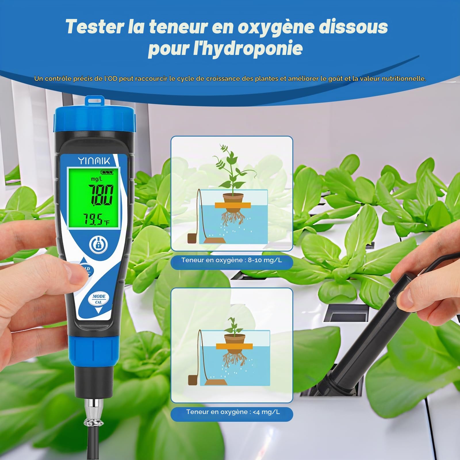 YINMIK Compteur D'oxygène Dissous Intelligent, Testeur D'oxygène Dissous Du Acuario,Medidor Portátil de Oxígeno Disuelto avec Électrode de 9,84 Pieds para hidroponía o estanques