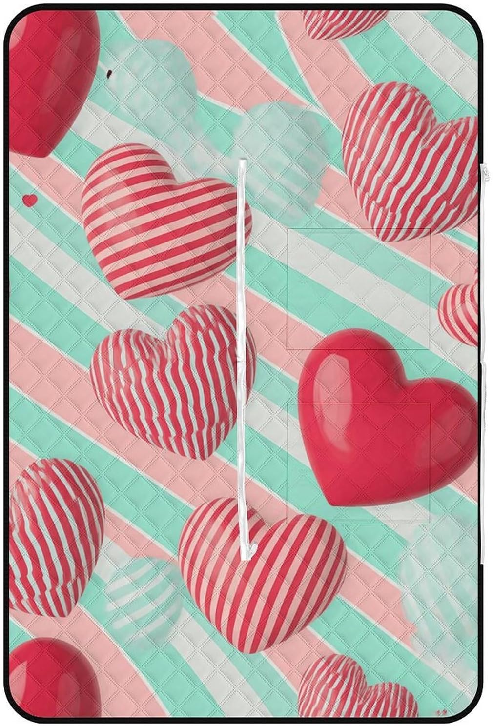 Stripes Heart Picnic Blanket 150x100cm, Foldable 2-in-1 Picnic Mat and Tote Bag Portable Waterproof Beach Mat Sandproof Outdoor Blanket for Park, Hiking, Beach, Camping, Travel