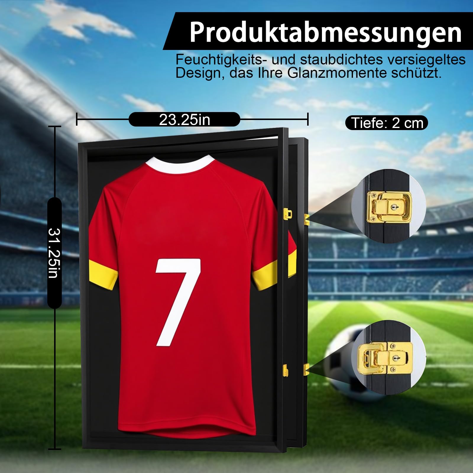 Trikotrahmen 60×80 cm – Trikot Bilderrahmen aus Holz & Acryl, abschließbarer Trikot Display Rahmen für Fußballtrikot, Rugby Trikot, Sport- & Band Shirts, Schwarz