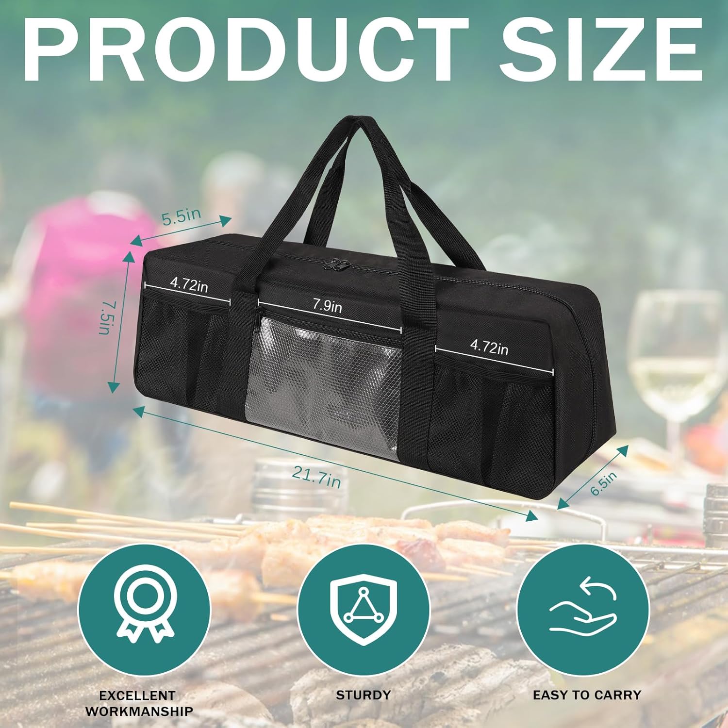 Grill Tool Storage Bag, Large Grill Utensil Storage Caddy with Pockets, BBQ Tools Storage Bag for Outdoor Camping (Black)