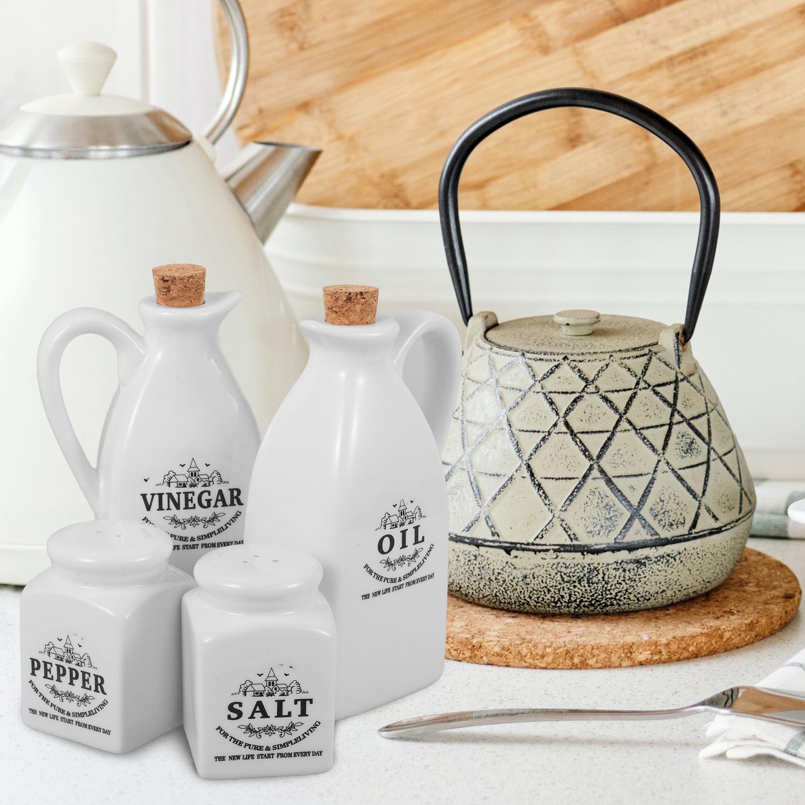 Gadpiparty Dispensadores de Aceite y Vinagre Bandeja de Bambú Estilo Japonés de Cerámica Juego de 4 Piezas para Cocina y Almacenamiento