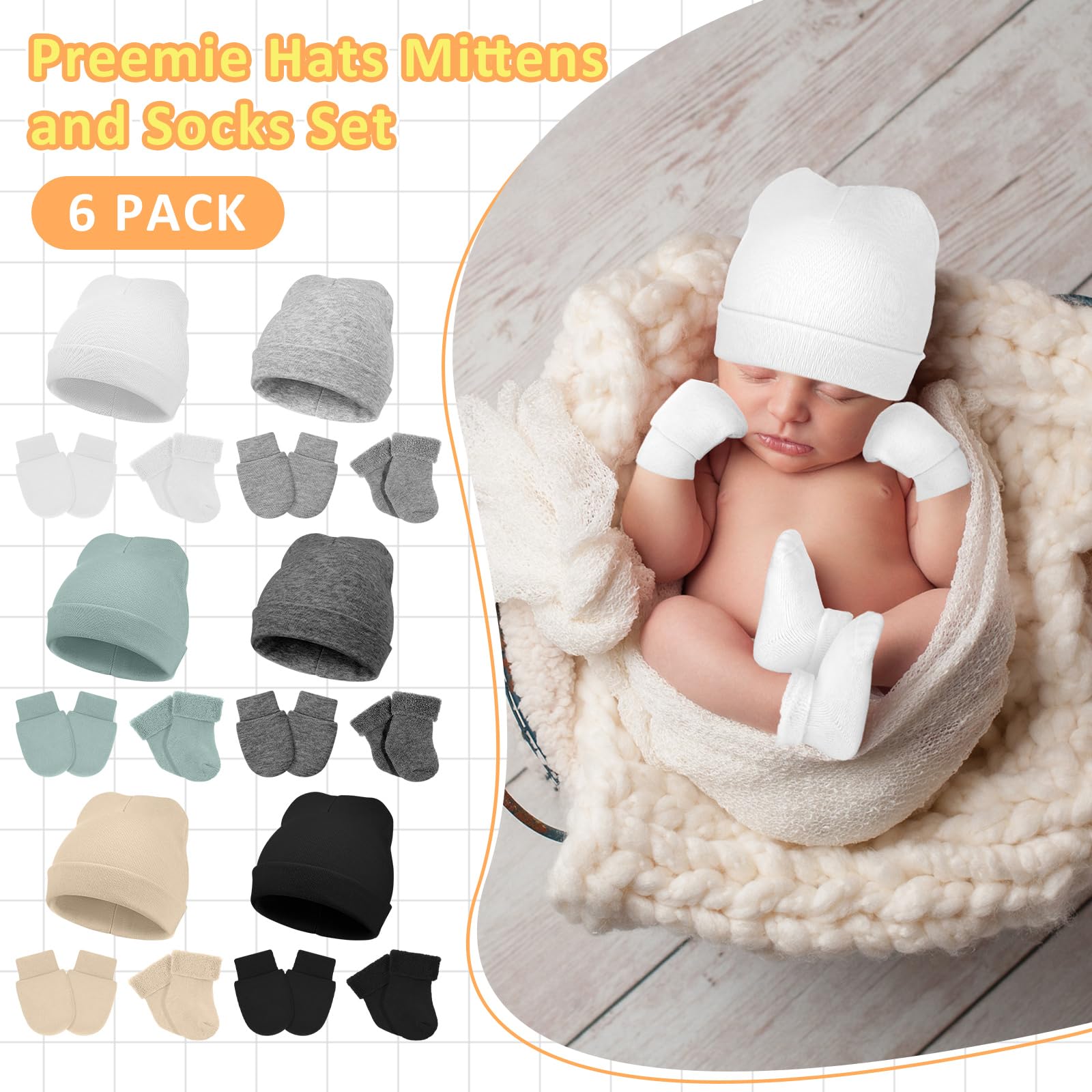 Toulite 6 Stück Frühchen Baumwoll-Mütze, Fäustlinge und Socken
