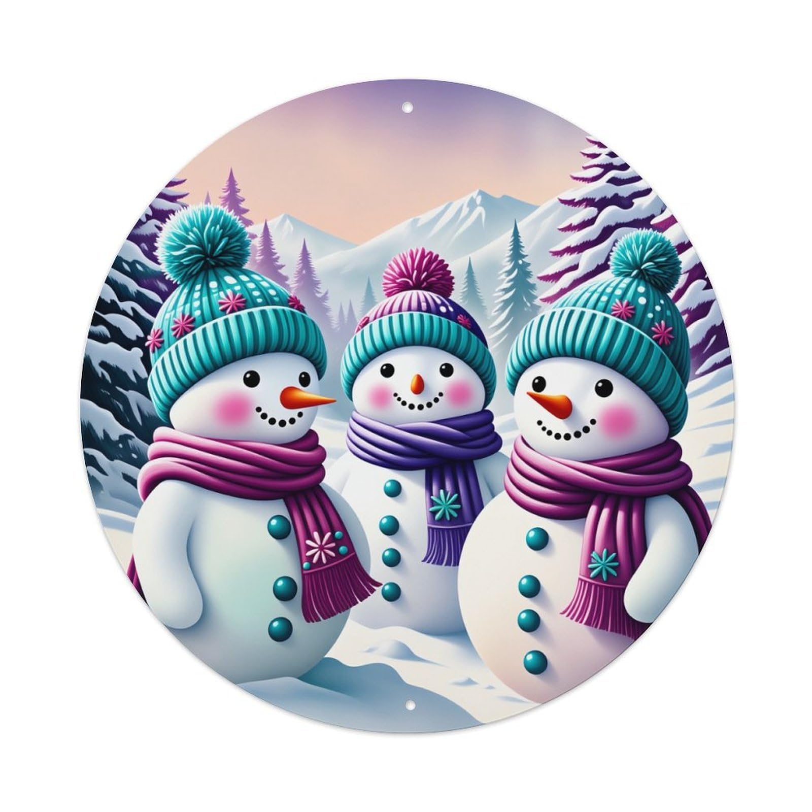 Snowman Winter Hat Scarf Mountain Round Tin Sign Vintage Metal Poster Retro Bar, Home, Man Cave, Kitchen, Laundry Room Wall Art Decor Gift 8x8In