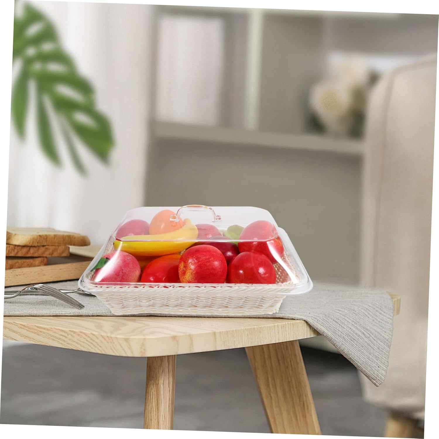 Handwoven Bread Basket with Lid Imitation Rattan Serving Tray for Fruits and Breads Decorative Storage Basket for Kitchen Counter