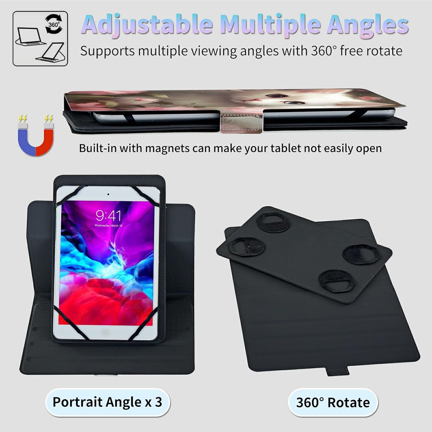 Universal Case for 2024 10 Inch Android 14 Tablets with Octa-Core, Lightweight Flip Stand and Adjustable Protective Cover Case for 9" - 10.5" Touchscreen Tablet, Flower Cat image 5