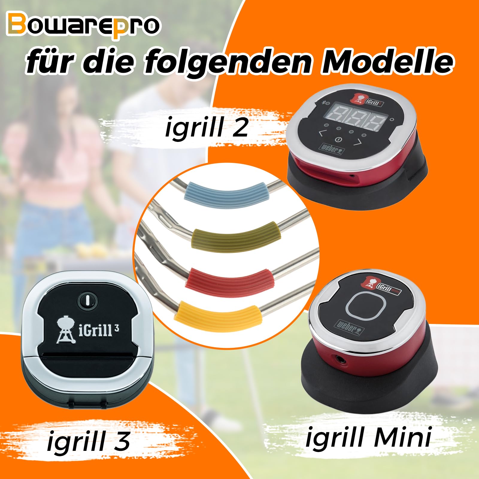 Sonda de repuesto para barbacoa Weber Igrill 2 Igrill Mini Igrill 3 termómetros sonda de repuesto para barbacoa de carne de -30 °C hasta 300 °C (verde, azul, rojo y amarillo)