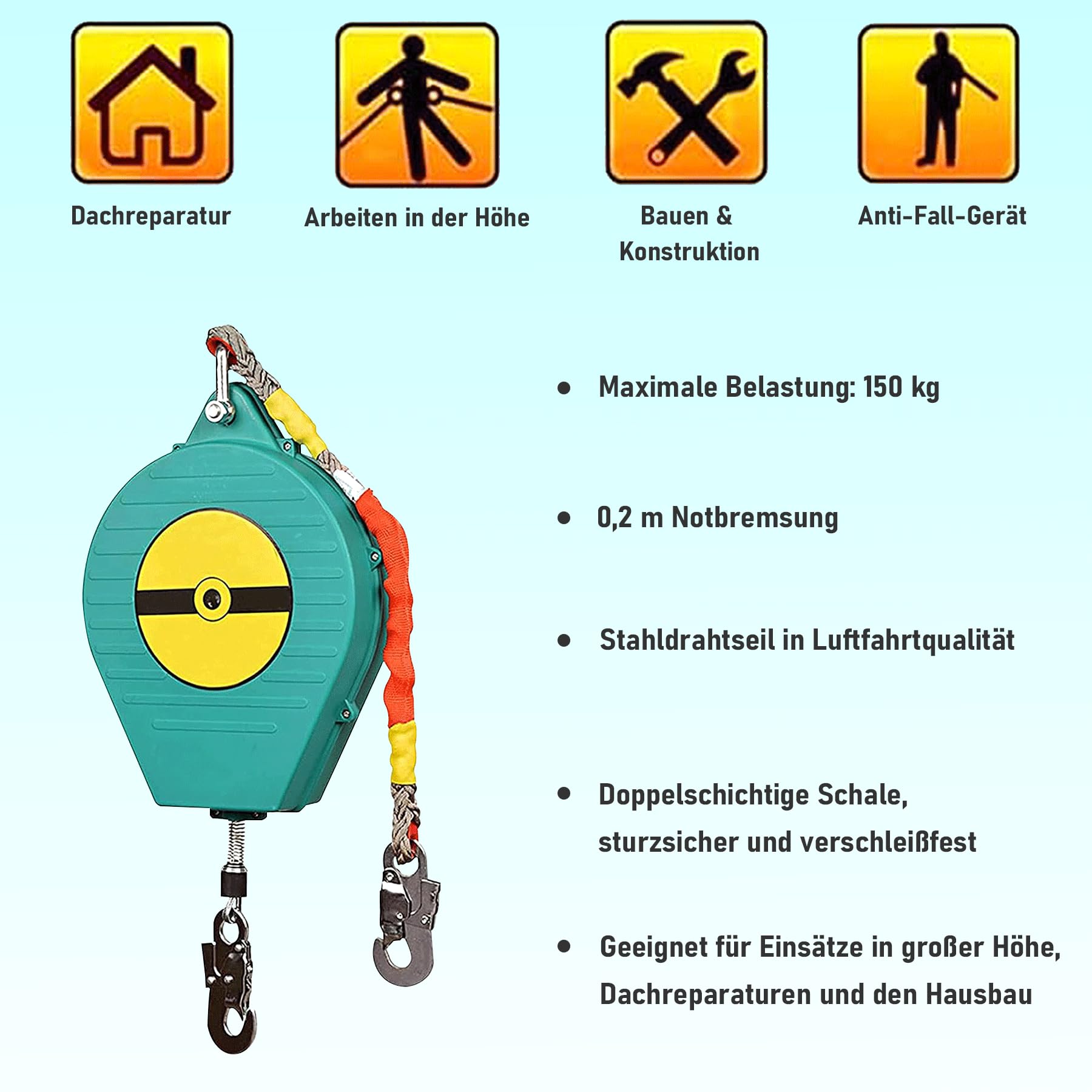 Höhensicherungsgerät Absturzsicherung Einziehbar 3-20m(Size:10m)