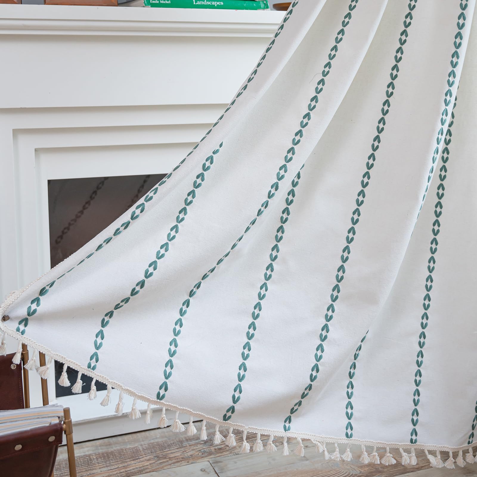 Schweek Boho Curtains for Bedroom Living Room 84 Inches Long Farmhouse Tassels Embroidered Striped Curtains 2 Pannels Linen Curtain Drapes, Green on Cream