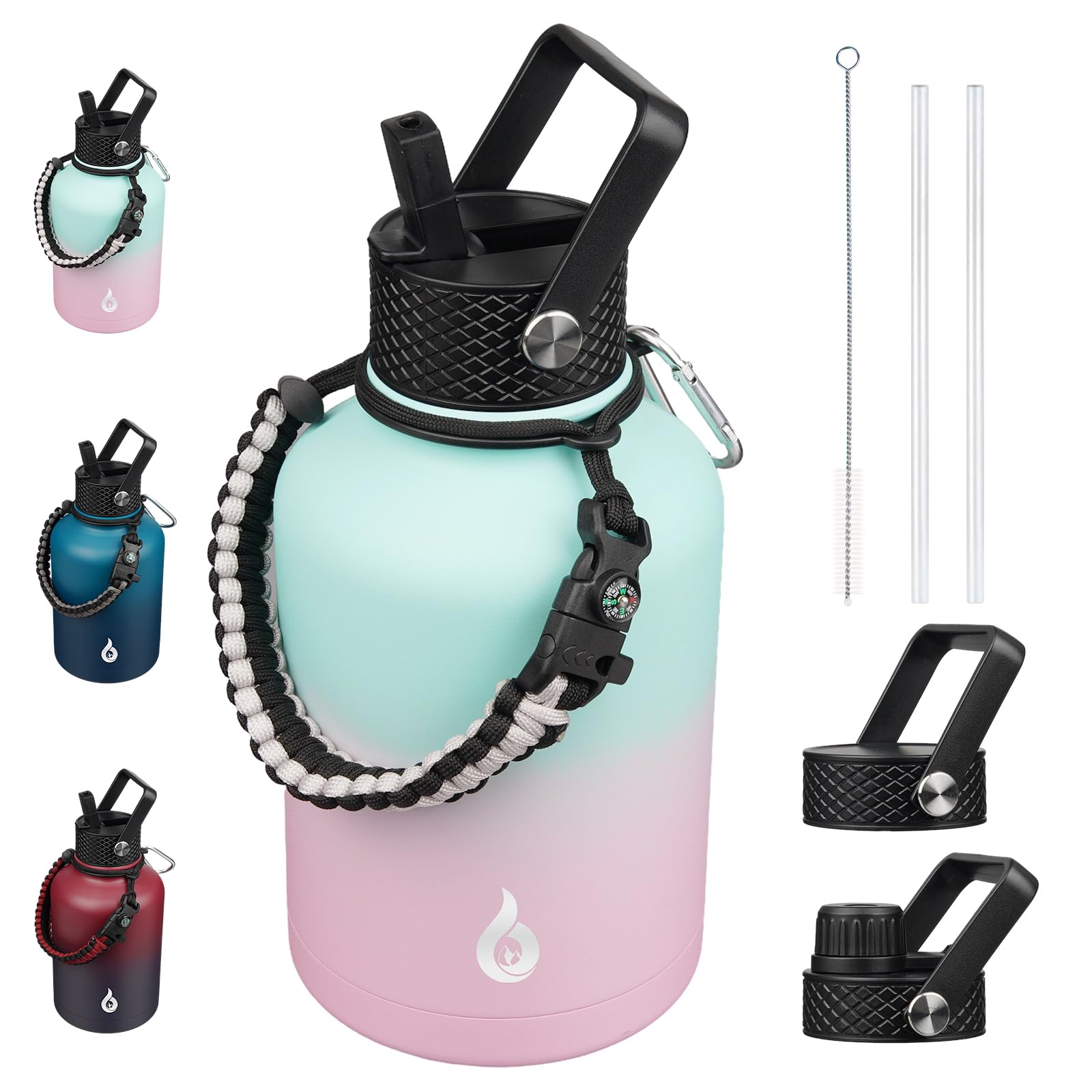 BJPKPK Insulated Stainless Steel Water Bottle – 50oz To 128oz Sizes With 3 Lids & Paracord Strap, Double Wall Vacuum