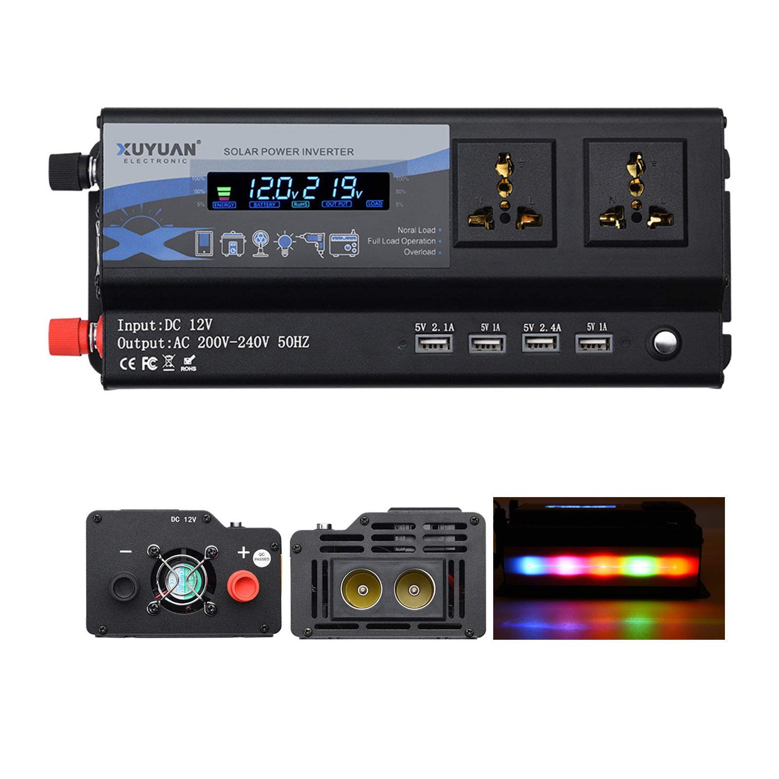 FANNKA Car Inverters 12v 24v To 240v 3000W 4000W 6000W With LED Colorful Atmosphere Light 4 USB Charging Converter Modified Sine Wave Inverter For RV,Laptops,Home Appliances,Power Tools,12V3000W