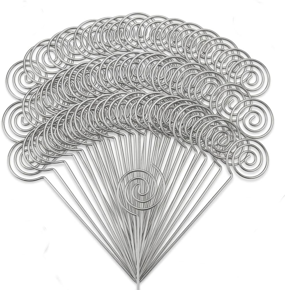 HOHIYA 50 Pack Floral Card Holder Pick Sticks 5 Inch Stainless Wire Photo Clip for Wedding Place Cards Table Number Memo Notes Cake & Centerpiece Decoration