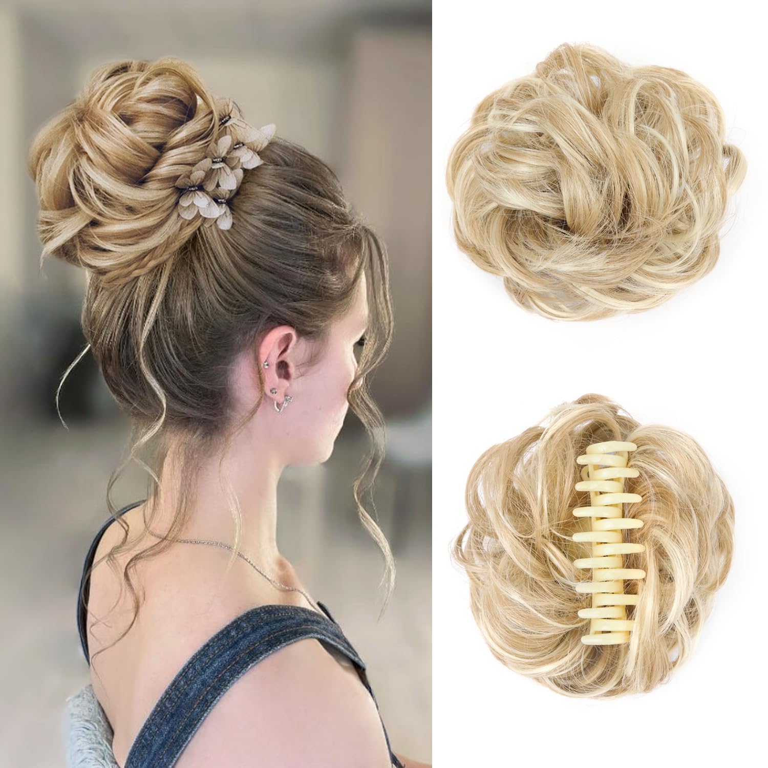 Hair Bun Extensions For Women, Claw Clip Messy Bun Hair Piece Wavy Curly Chignon Hair Bun Extensions Tousled Updo Hair Buns Claw Clip Ponytail Hairpieces（24H613#）