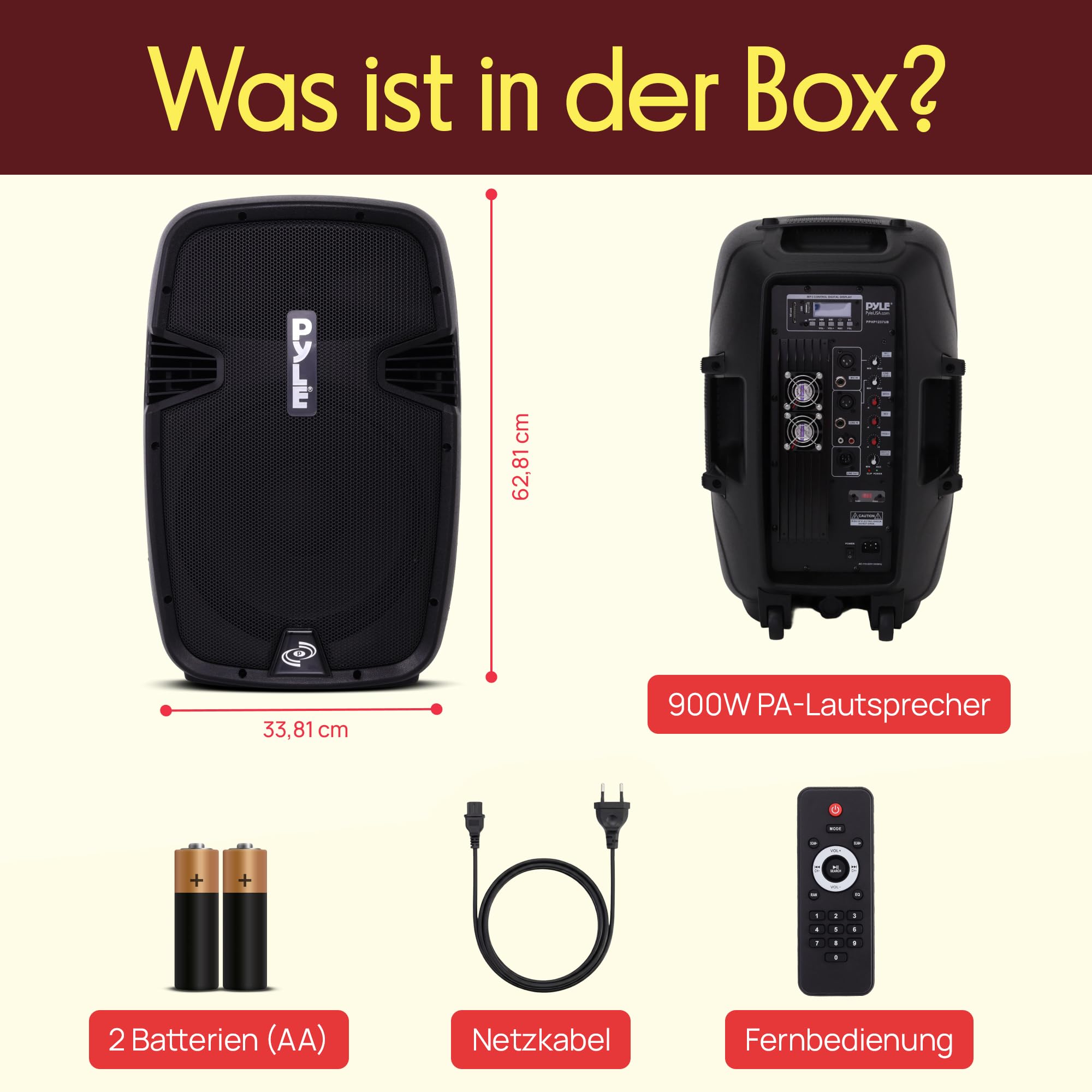 Pyle PA Lautsprecher 900W Bluetooth Partylautsprecher Tragbar USB SD AUX FM Schwarz