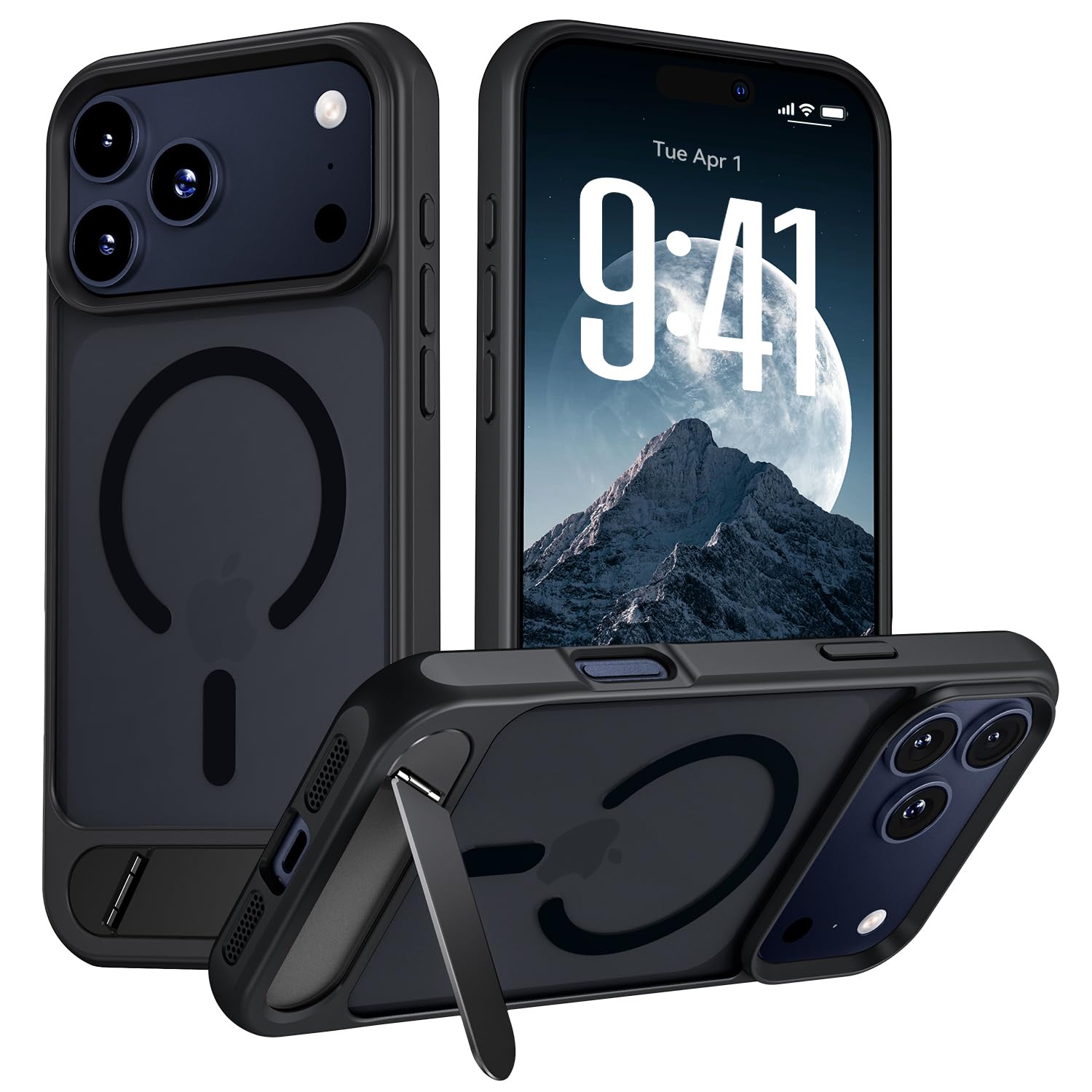 Hoerrye für iPhone 17 Pro Hülle für MagSafe - Flügelständer Kompatibel, Eingebauter Magnetring, Stoßfest Kratzfest Transluzente Matt für iPhone 17 Pro Case Schwarz