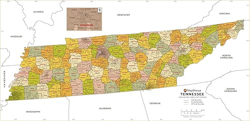 Tennessee Mapa con código postal con condados - Estándar - 36" x 17.5" Laminado