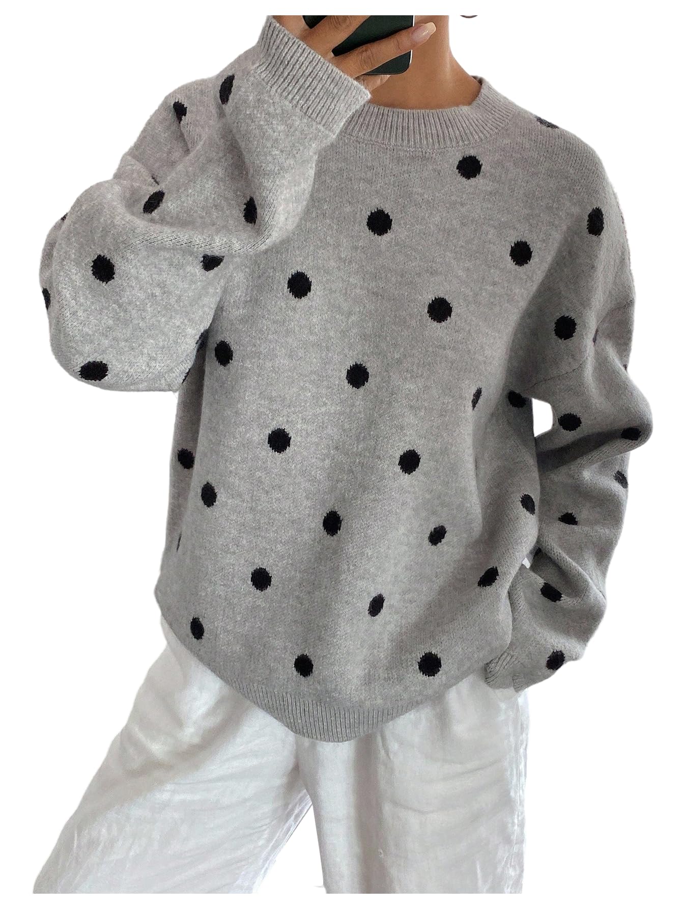 MakeMeChic Womens Polka Dots Sweater Crew Neck Long Sleeve Cozy Knit Pullover Y2k Tops