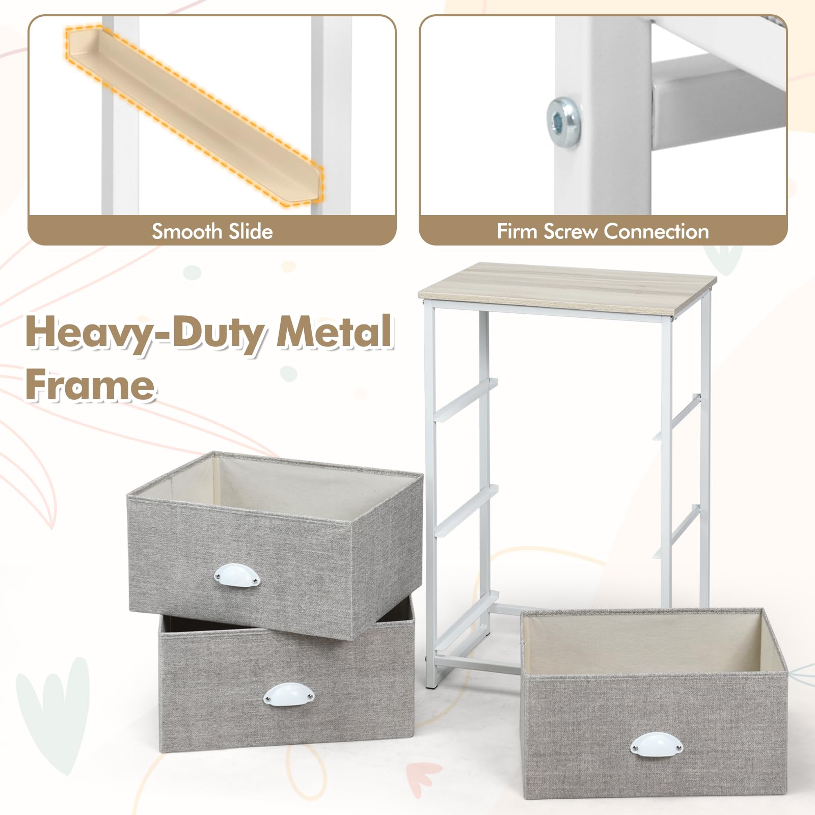 GIANTEX Nachtkastje commode met laden, woonkamerkast, nachtkastje van stof en metalen frame, bijzetkast, ladekast 3 verdiepingen met groot dienblad, kleine commode nachtkastje (bruin