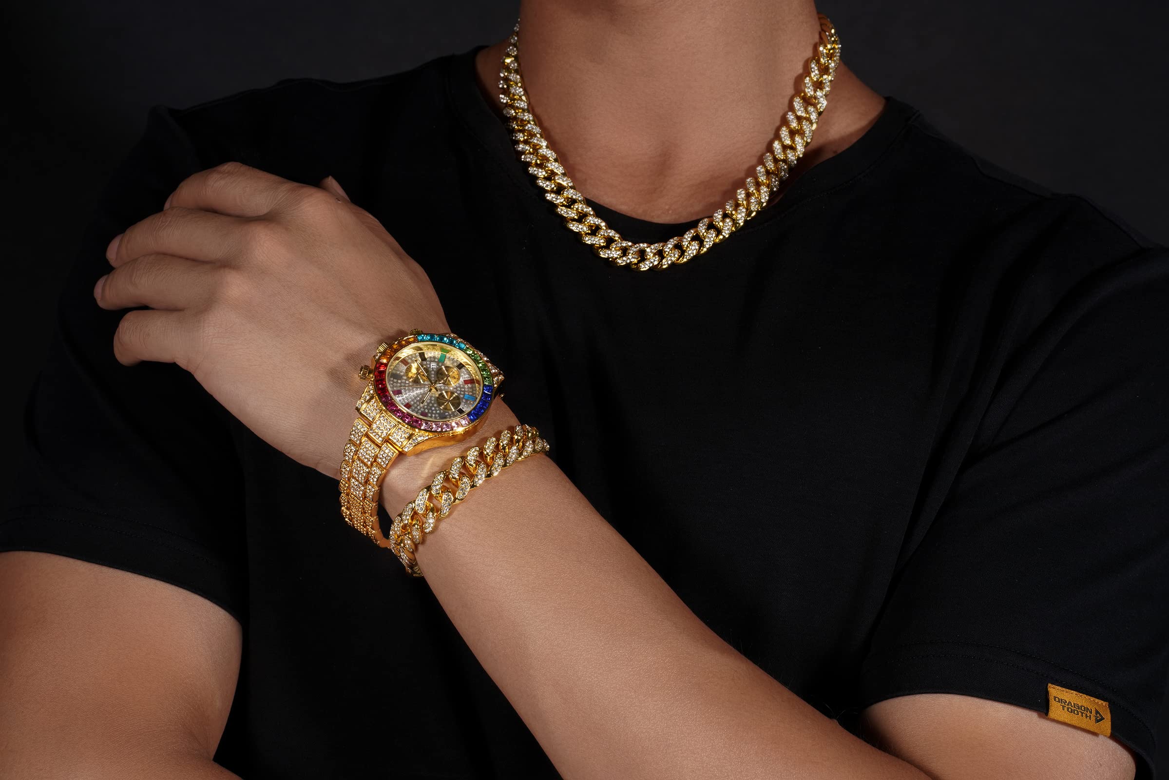 HALUKAKAH Reloj con Diamantes Multicolor, Chapado en Oro de 18 Quilates/Oro Rosa/Blanco Platino, 40MM Esfera Blanca, Cuarzo, Cadena Cubana, Collar y Pulsera