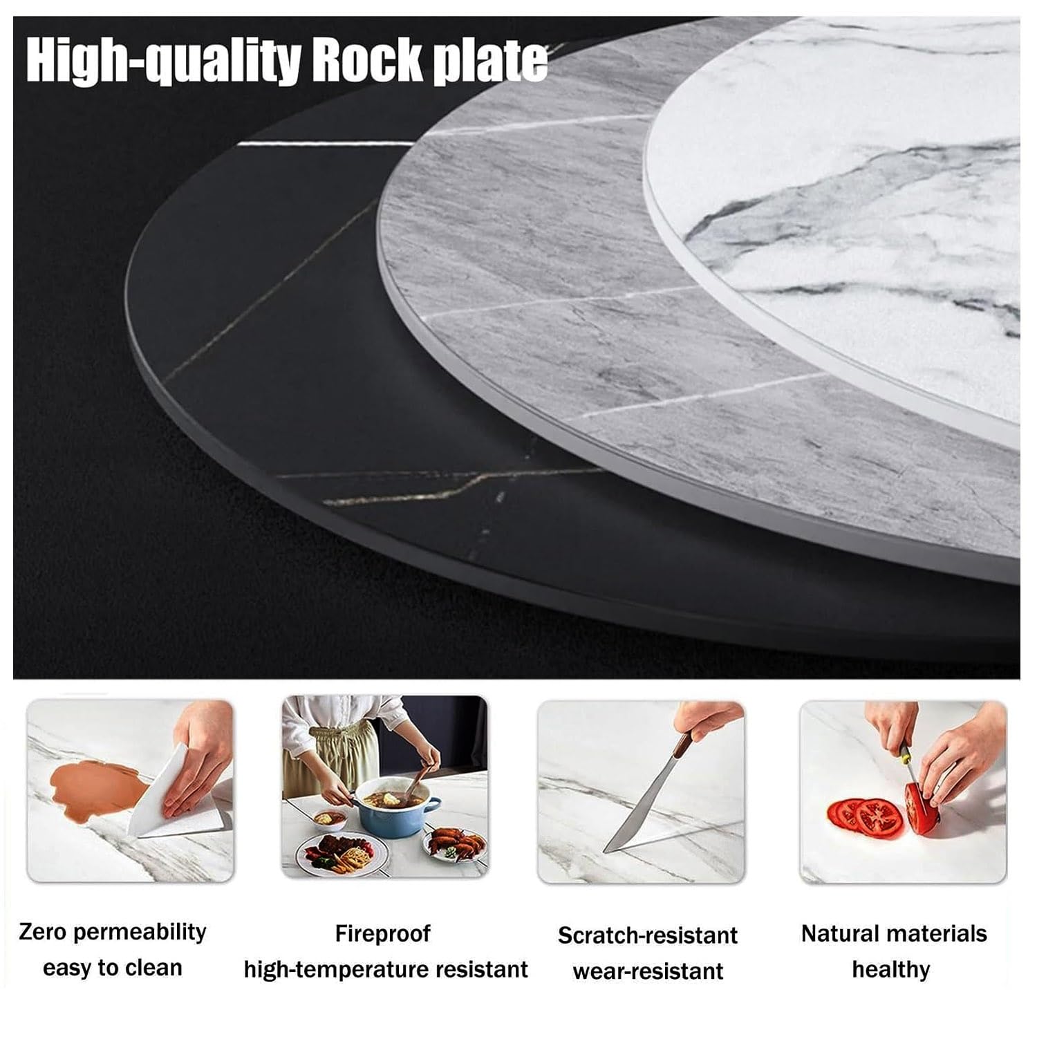 Plateau Tournant Rond pour Table de Cuisine, Plateau Rotatif en Ardoise, Plateau Tournant à Texture de Marbre, pas Facile à Vider, Diamètre 60cm / 70cm / 80cm / 90cm / 100cm(Bluish-white,90c