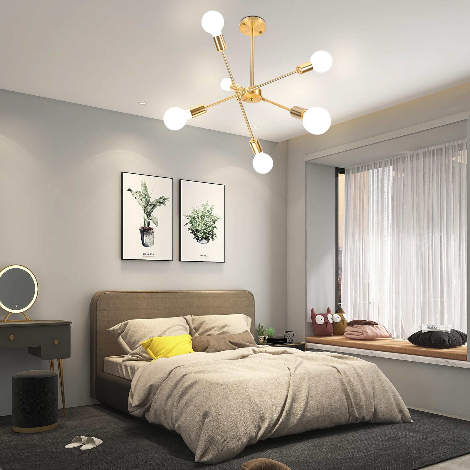 iDEGU żyrandol przemysłowy, 6 świateł, lampa sufitowa, LED, vintage, metalowa, regulowana, zawieszka, E27, oświetlenie retro, lampa sufitowa, do salonu, kuchni, jadalni, sypialni (złota)