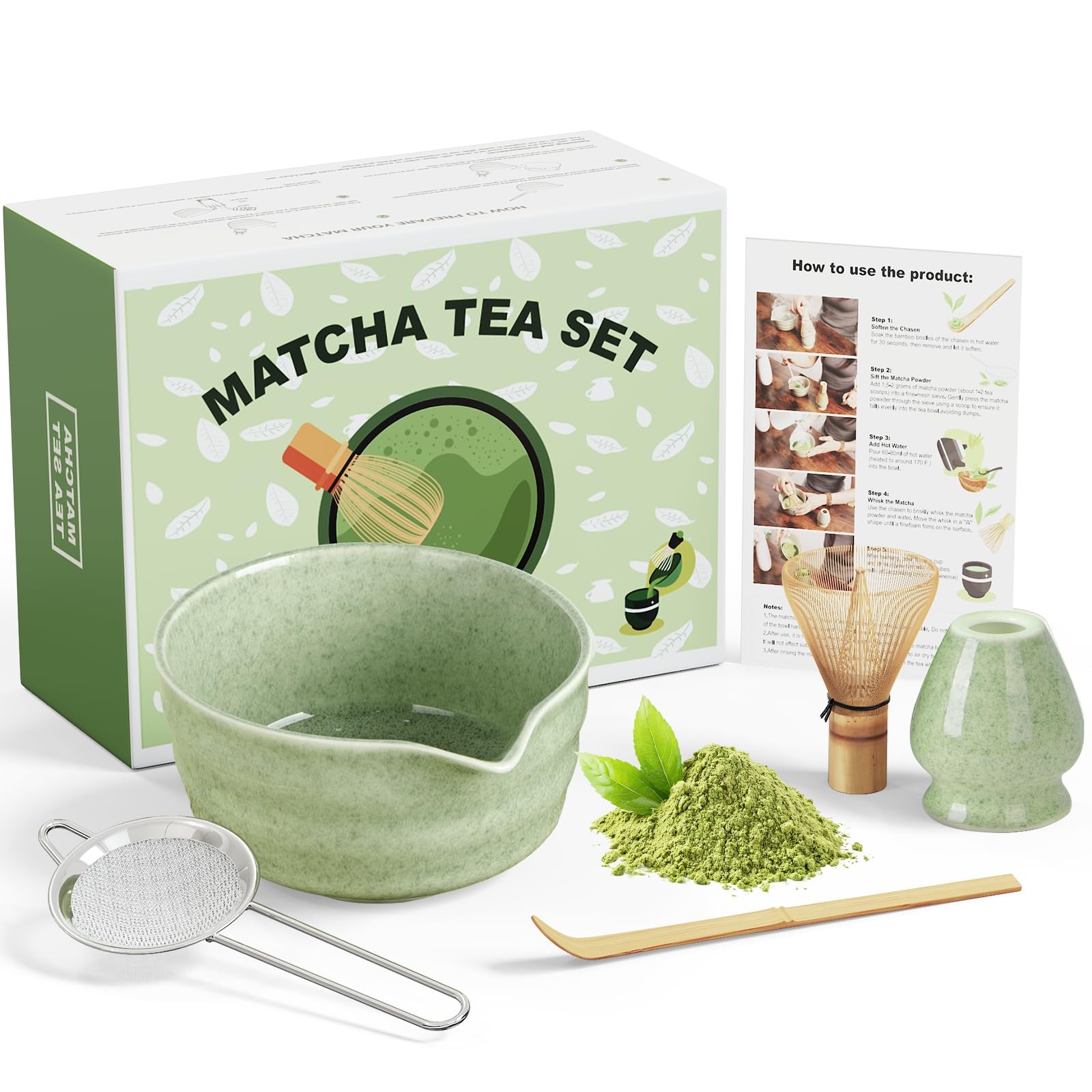 Dayacoco Matcha Whisk Set Ceramic Matcha Kit Set Includes Bowl with Spout Whisk Holder Bamboo Scoop and Sifter