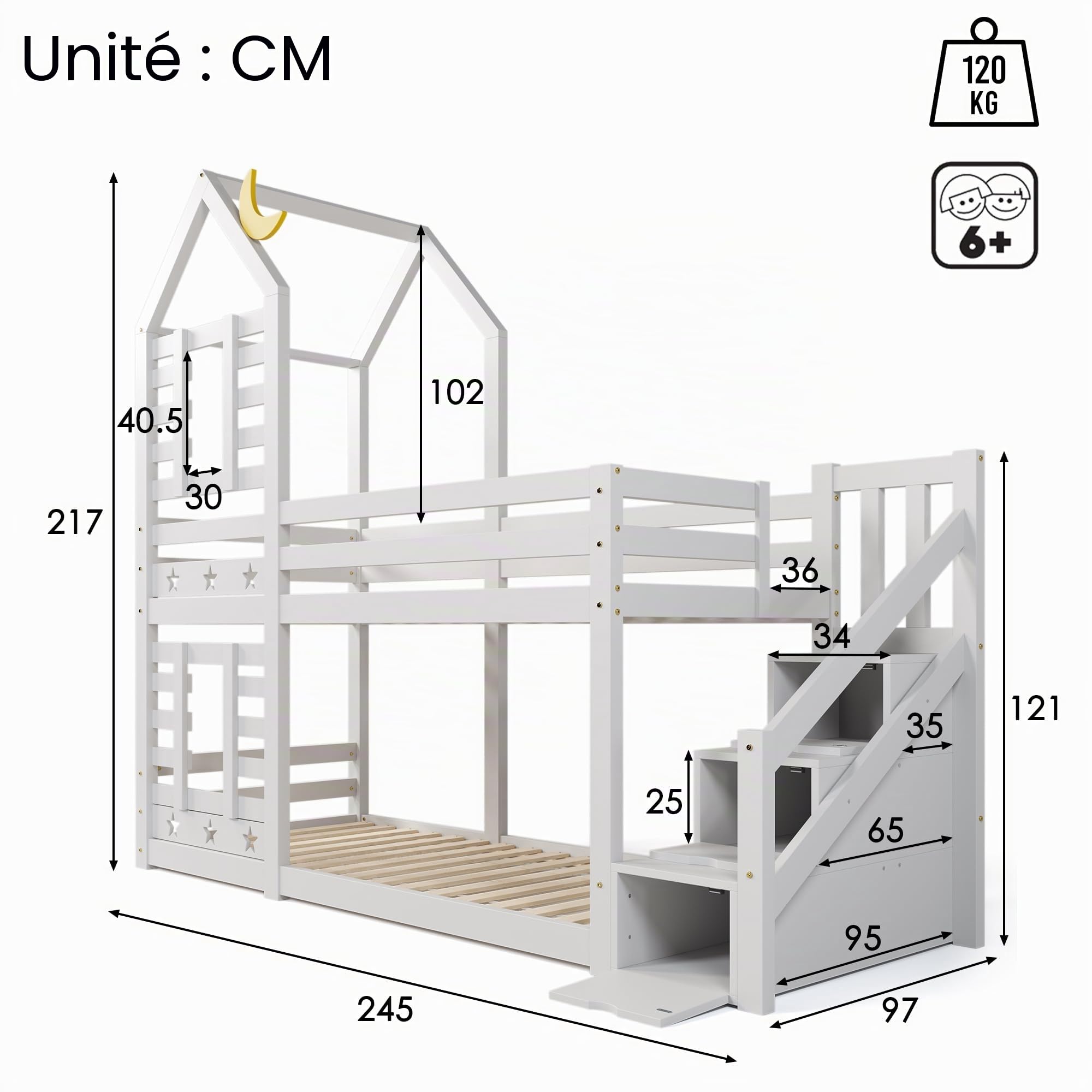 Sapgaks Lit cabane Enfants 90x200 Lit superposé Enfant lit Double lit Simple, avec tiroir et Protection Anti Chute, 90 x 200 cm, lit Mezzanine pour Enfants, 2 sommiers à Lattes, Blanc