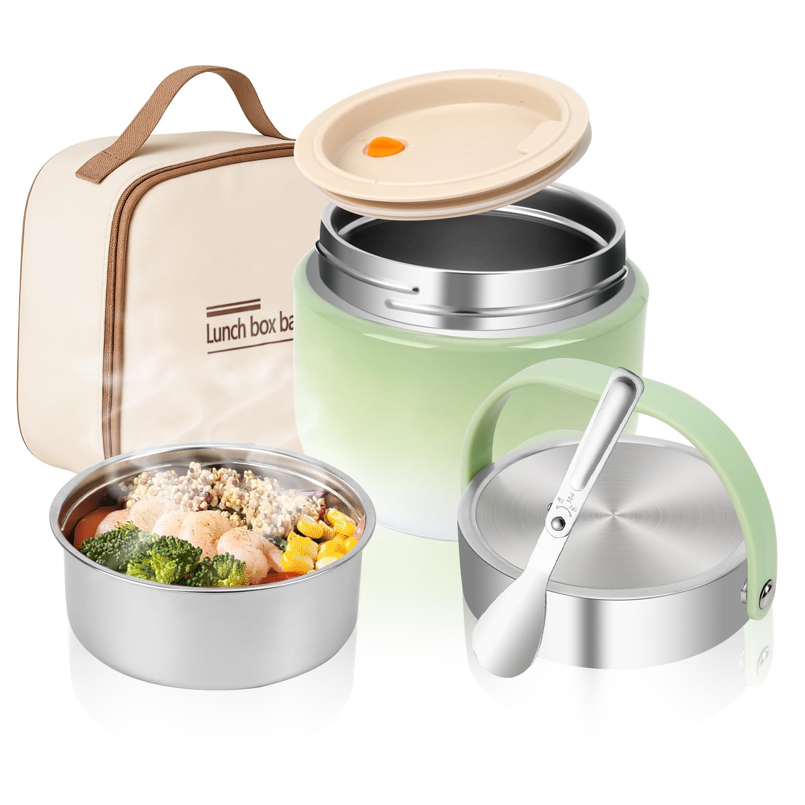 Contenitore termico per alimenti 1200 ml, scaldavivande in acciaio inossidabile 304, contenitore termico per alimenti, thermos resistente agli schizzi con coperchio, cucchiaio e sacchetto