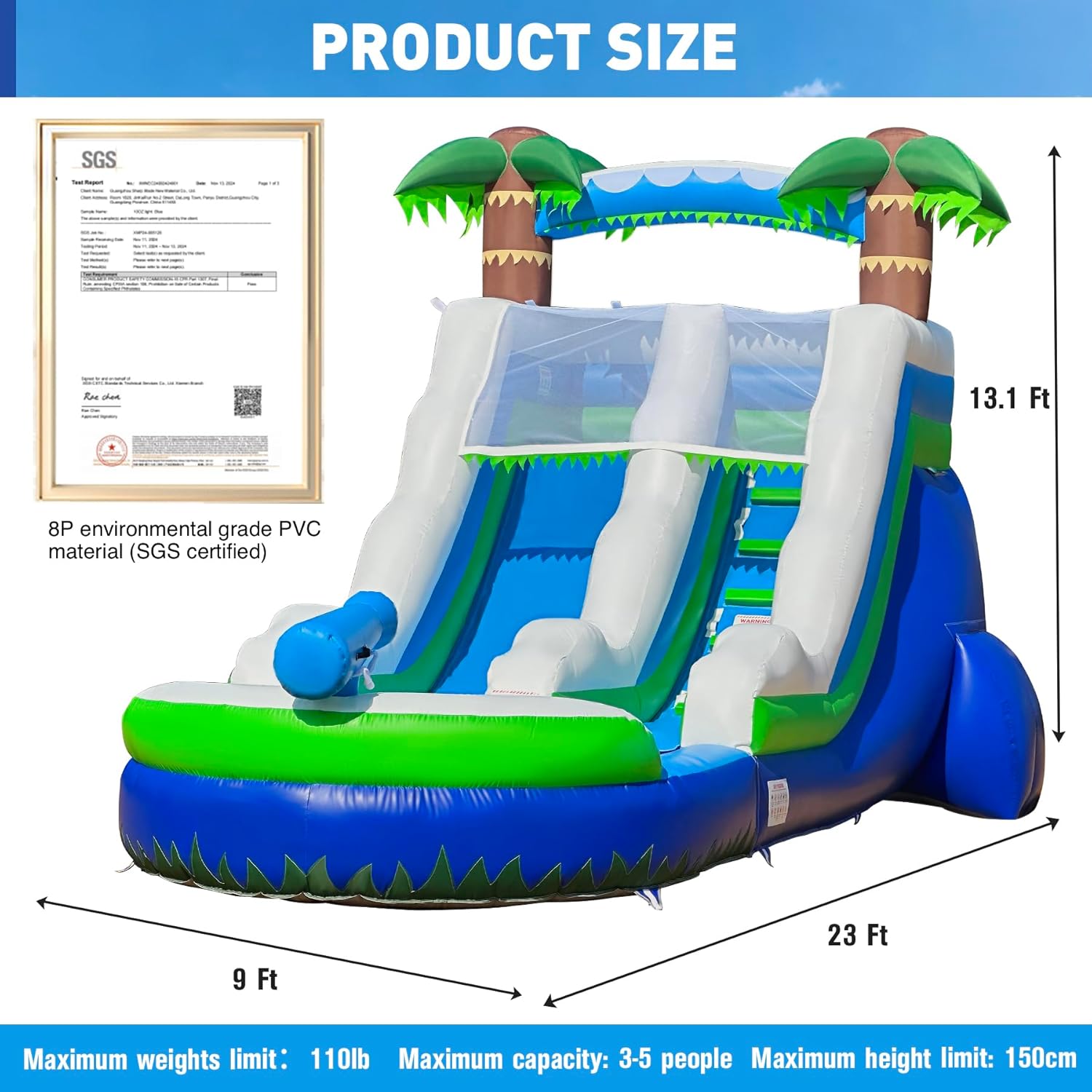 OZIS 23' Blue Commercial Grade Water Slide Inflatable with Replaceable Climbing and Pool Wet Dry Use, Tropical Lightweight Premium Water Slide for Summer Fun（with Blower）