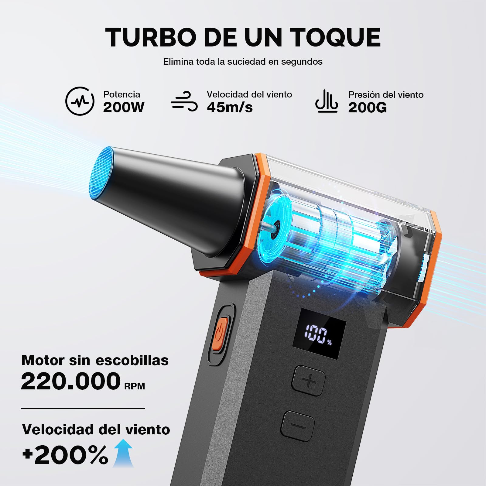 Soplador de aire eléctrico 220.000 RPM, 100 niveles sin escalones, motor sin escobillas y pantalla LED, soplador de aire inalámbrico con kit de limpieza, mini soplador de polvo para PC, teclado, coche