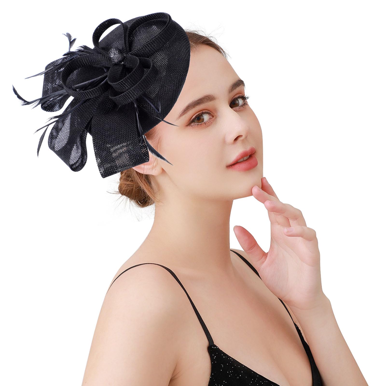 Risipu Women's Fascinators Feathers Tea Party Hat,Veil Headband with Hair Clip for Cocktail Wedding Church (UK, Alpha, One Size, Black)