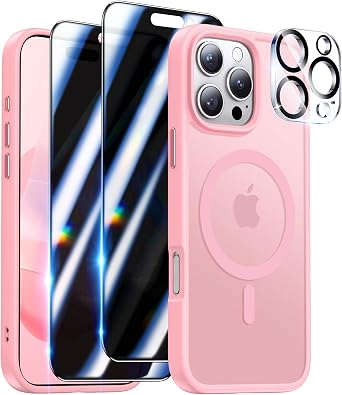 Meifigno Magnetic Case for iPhone 16 Pro 6.3, [with 2X Privacy Screen Protectors & 1X Lens Protector] [Compatible with MagSafe], Shockproof Case for iPhone 16 Pro, Pink