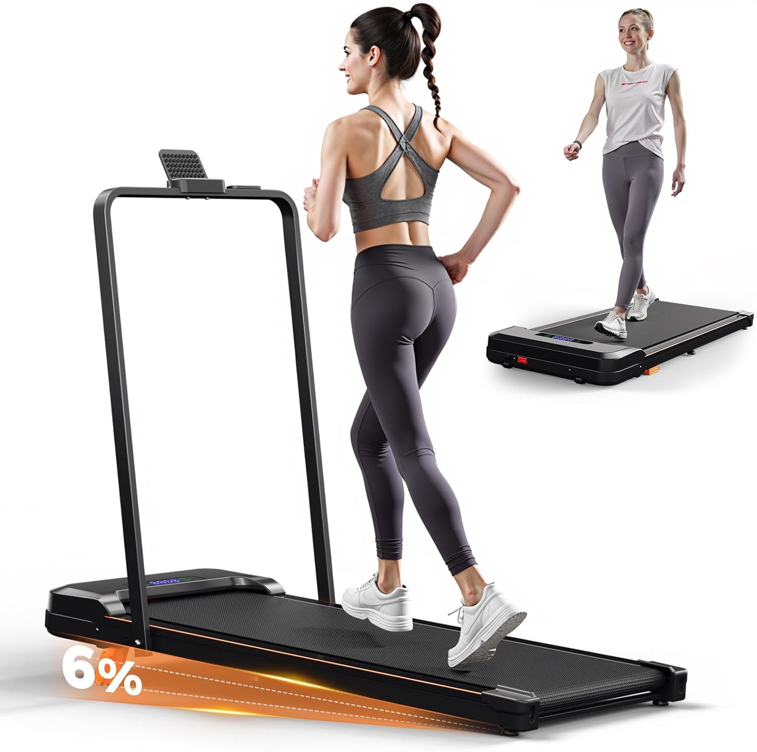 AIRHOT Walking Pad Treadmill with 6% incline, showing a woman running.