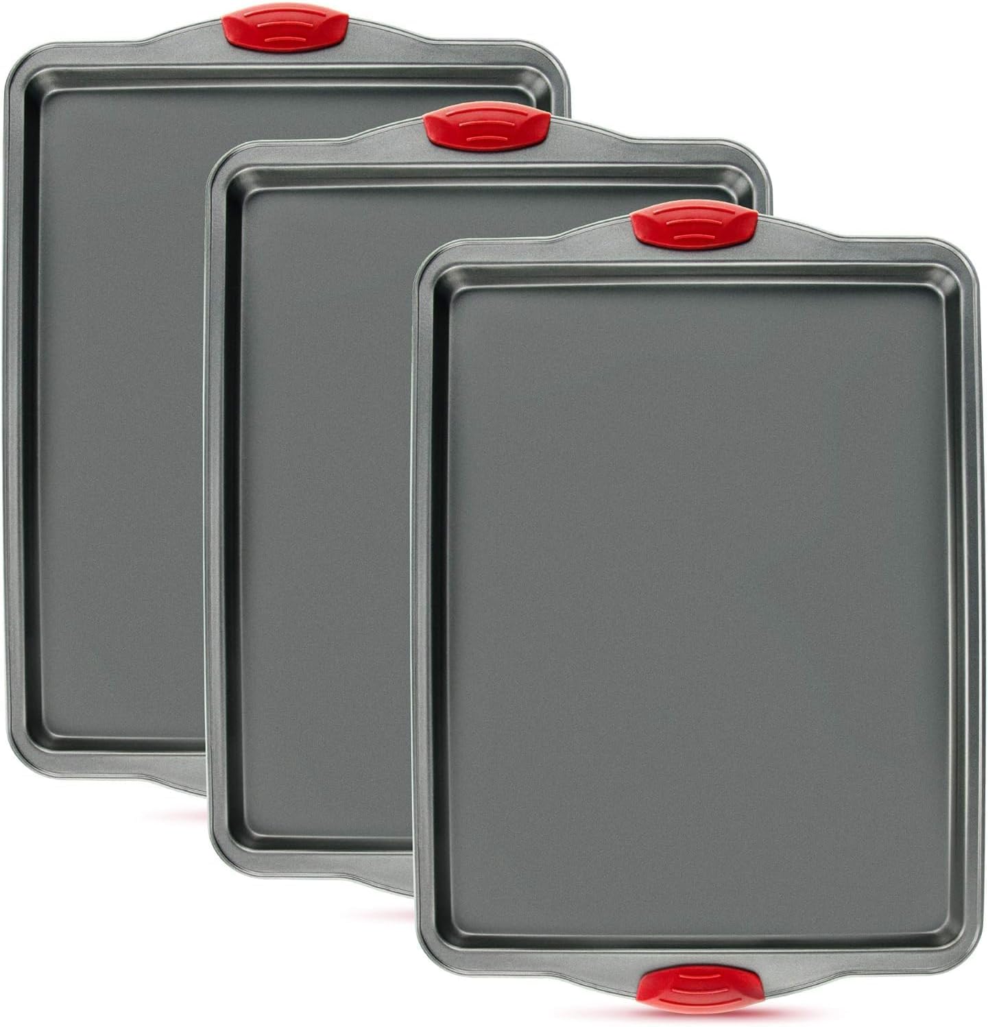 Cookie Sheets for Baking Nonstick Set of 3 - Heavy Gauge Carbon Steel Baking Sheet Pans, Warp Rust Resistant, PFOA Free Rimmed Sheet Pan with Silicone Handles