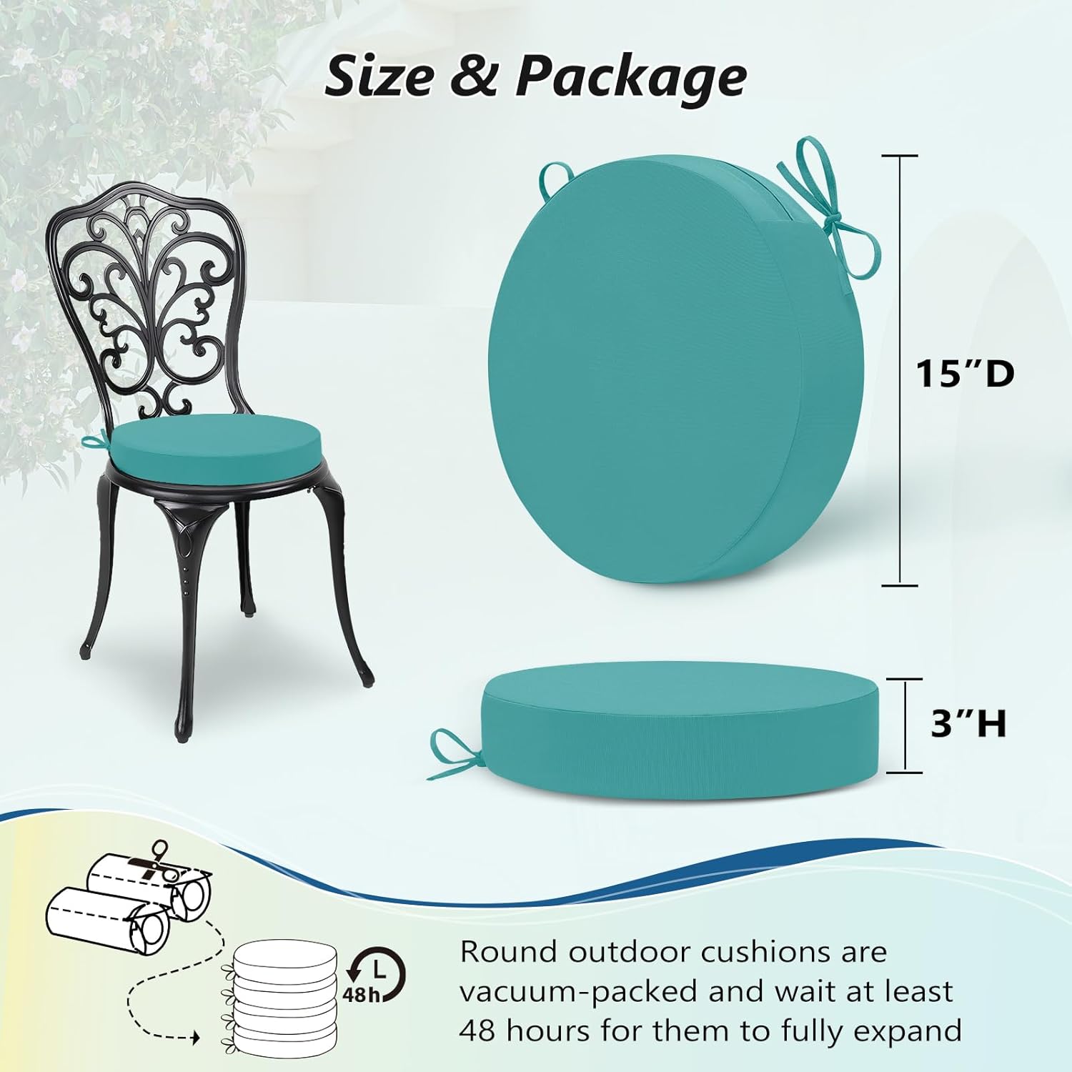 Wellsin Outdoor Bistro Chair Cushions, 3-Layer Waterproof Round Outdoor Cushions with Removable Covers, Outdoor Chair Cushions Set of 4, 15x15x3 Inch, Teal