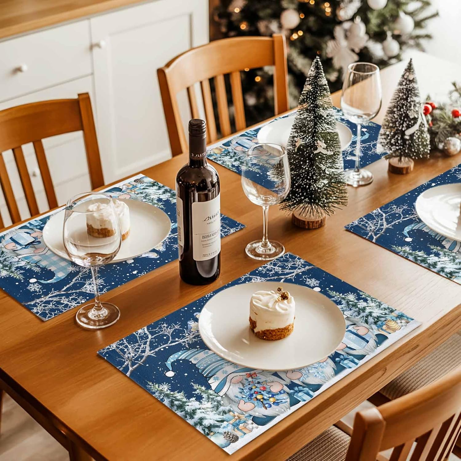 Christmas Placemats Gnome Xmas Tree Blue Non-Skid Place Mats Snowflake Branch Bird Holiday Table Mats Washable Stain-Resistant Tablemats for Party/Dining Room/Kitchen Decorations Set of 8