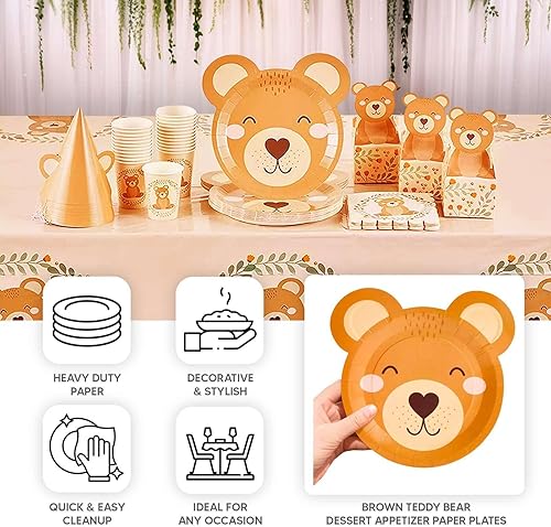 Miniatura 4 de Efavormart - Paquete de 25 platos de papel de postre de oso de peluche marrón, 7 pulgadas, redondos con estampado de animales, ecológicos, para