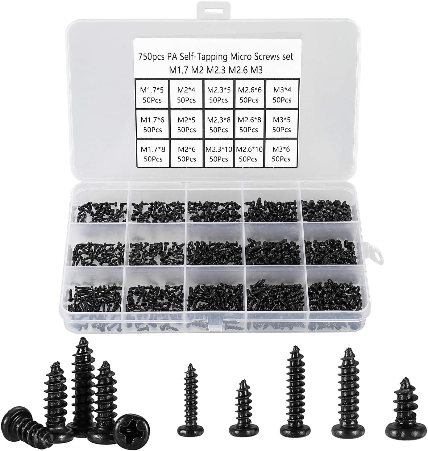 750 Pcs Small/Micro/Tiny/Mini Self-Tapping Screws, M1.7-M3 Phillips Pan Head, Cross Recessed, DIY Electronic, Carbon Steel (Black)