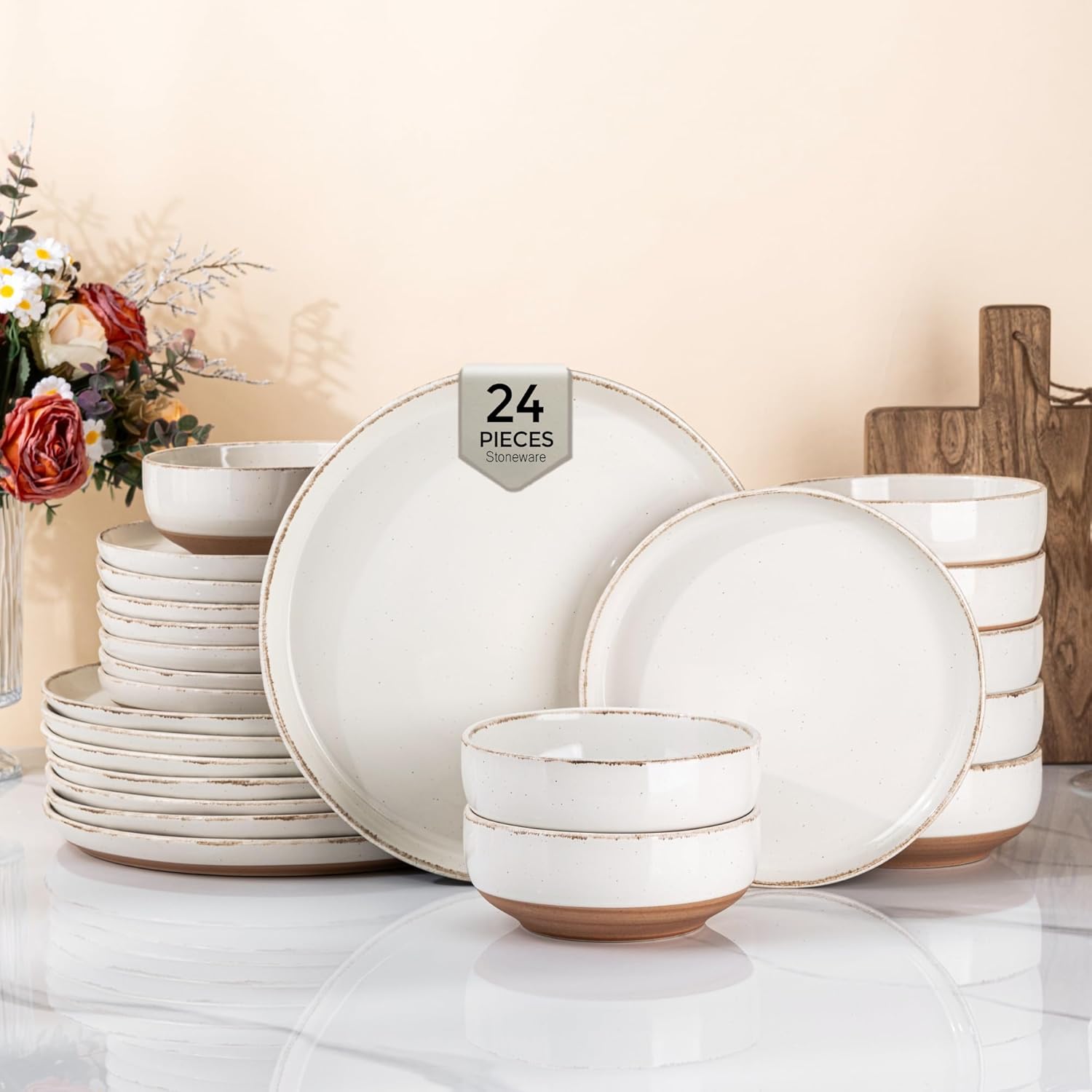 AmorArc 24 Pieces Ceramic Dinnerware Sets for 8, Handpainted Stoneware Plates and Bowls Set with Rustic Terracotta Underside, Scratch Resistant Dishes Set, Dishwasher & Microwave Safe