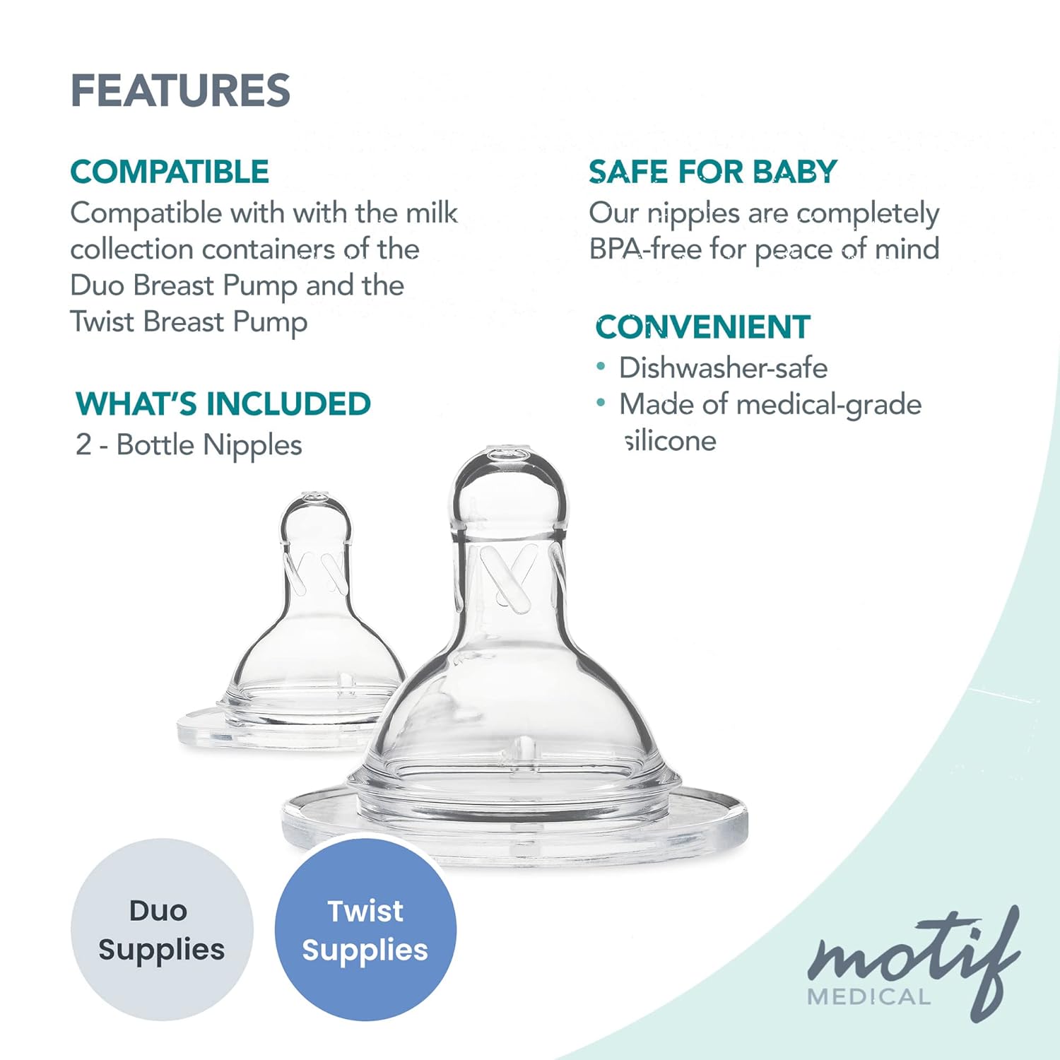 Motif Medical Replacement Slow Flow Nipples for Duo Baby Bottle - Dishwasher-Safe, Silicone Newborn Bottle Nipples - Baby Bottle Nipples for Comfortable Feeding (2 Nipples Included) - Image 3