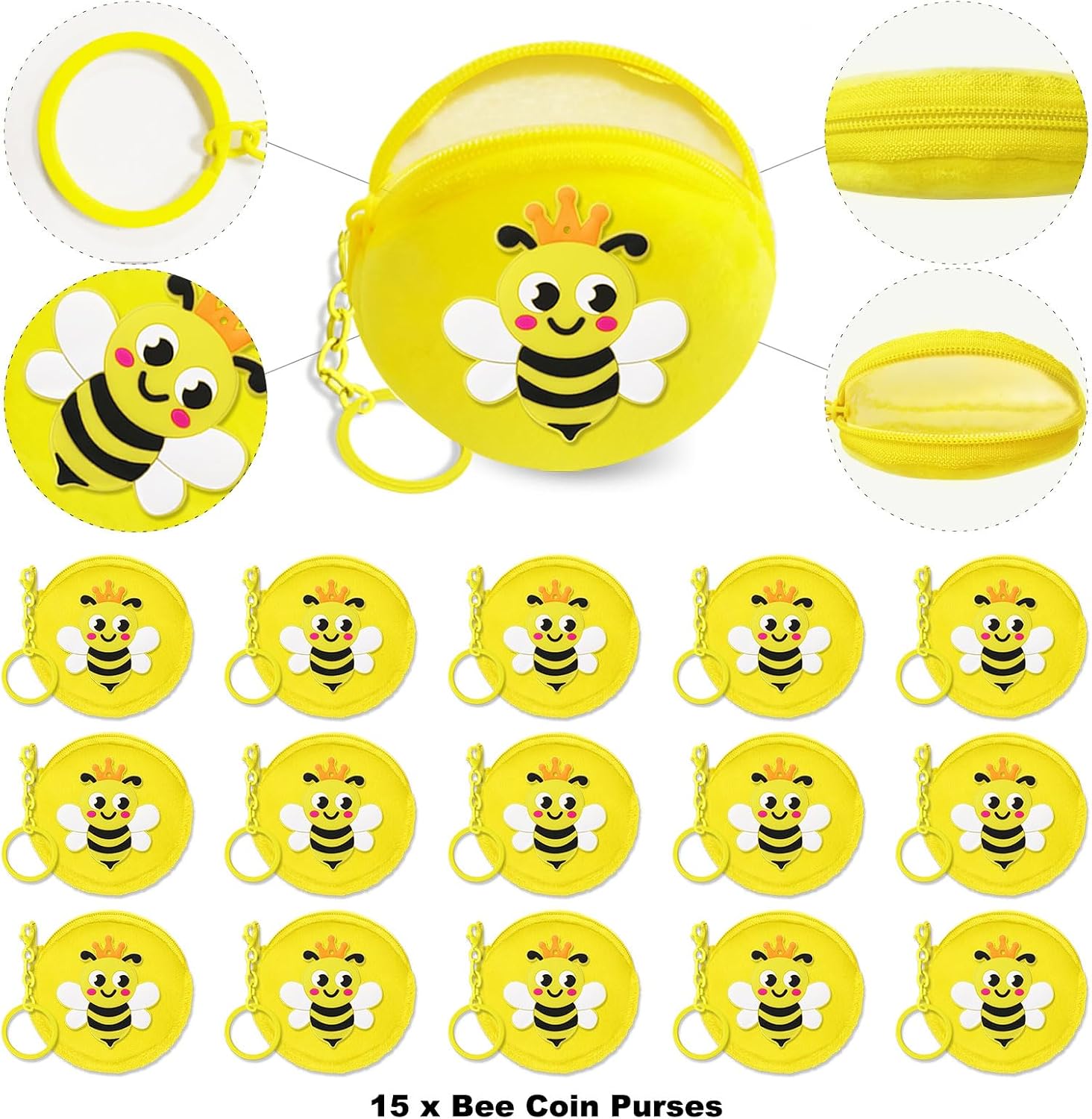 15 Pack Crown Bee Coin Purse Keychain Wallet Bag Small Zipper Pouch Party Favors for Mommy To Be, Bumble Bee, Honey Bee Party, Baby Shower, Birthday, Travel, Classroom Prize