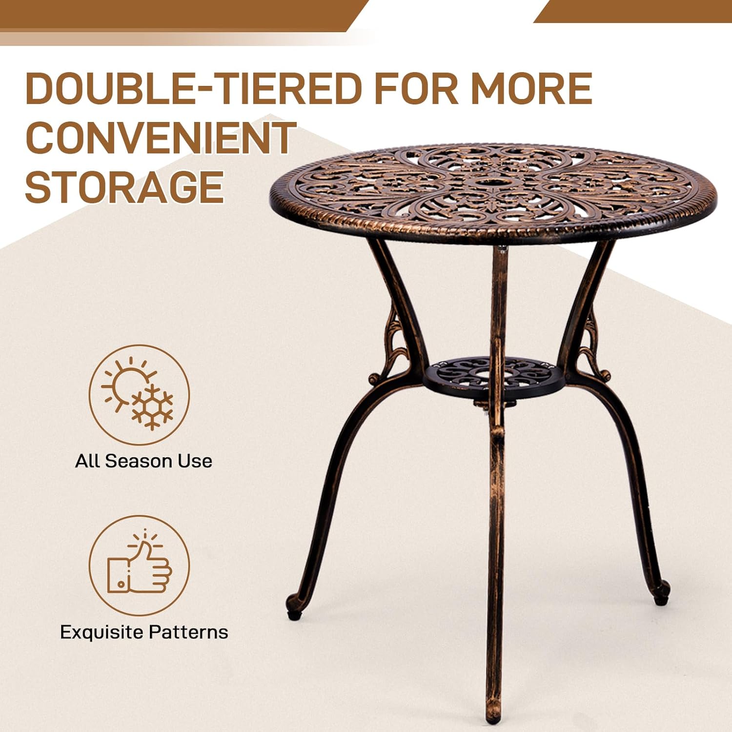 3 Piece Bistro Set Outdoor, Rust-Resistant Cast Aluminum Outdoor Bistro Table and Chairs Set of 2, with Butterfly Design and Umbrella Hole for Backyard, Garden, Balcony (Bronze)