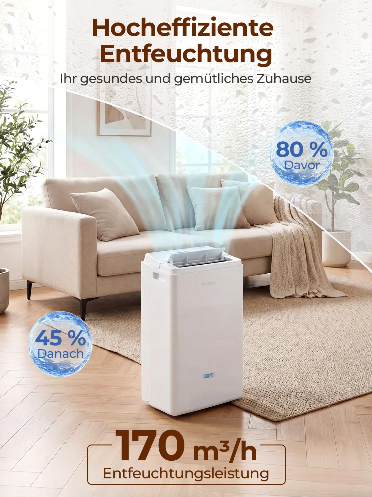 FOHERE Luftentfeuchter 30L/24h mit WLAN-App, Raumentfeuchter bis 50 m²/135 m³ für Keller, Bad und Schlafzimmer, Dauerablauf, Wäschetrocknung, 24h-Timer, Auto-Abschaltung