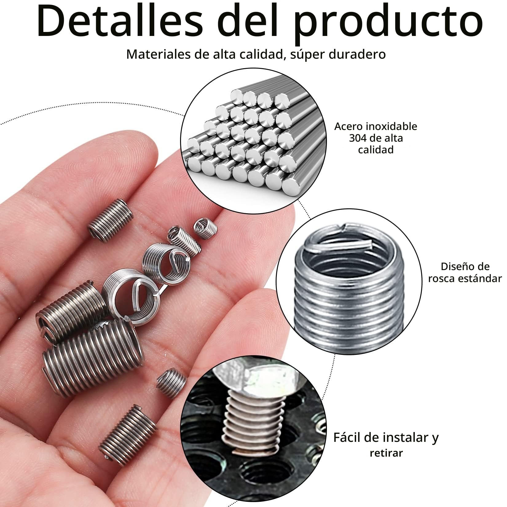 200 Piezas Insertos Roscados, Kit de Helicoil Inserto de Tornilo de Hilo de Alambre, M3 M4 M5 M6 M8 Reparación de Roscas de Alambre de Acero Tipo Helicoil Insertar de Acero Inoxidable