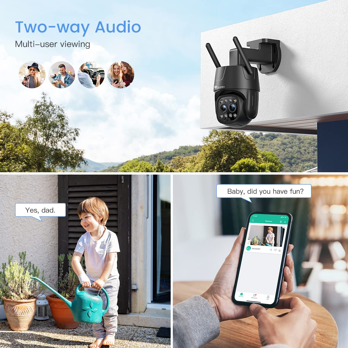Ctronics 2.5K 4MP 6X Zoom Hybride Caméra Surveillance WiFi Extérieure | 2,4/5GHz WiFi IP, Suivi-Auto-Zoom Double Objectif, Détection Humaine, Vision Nocturne Couleur, Audio Bidirectionnel PC