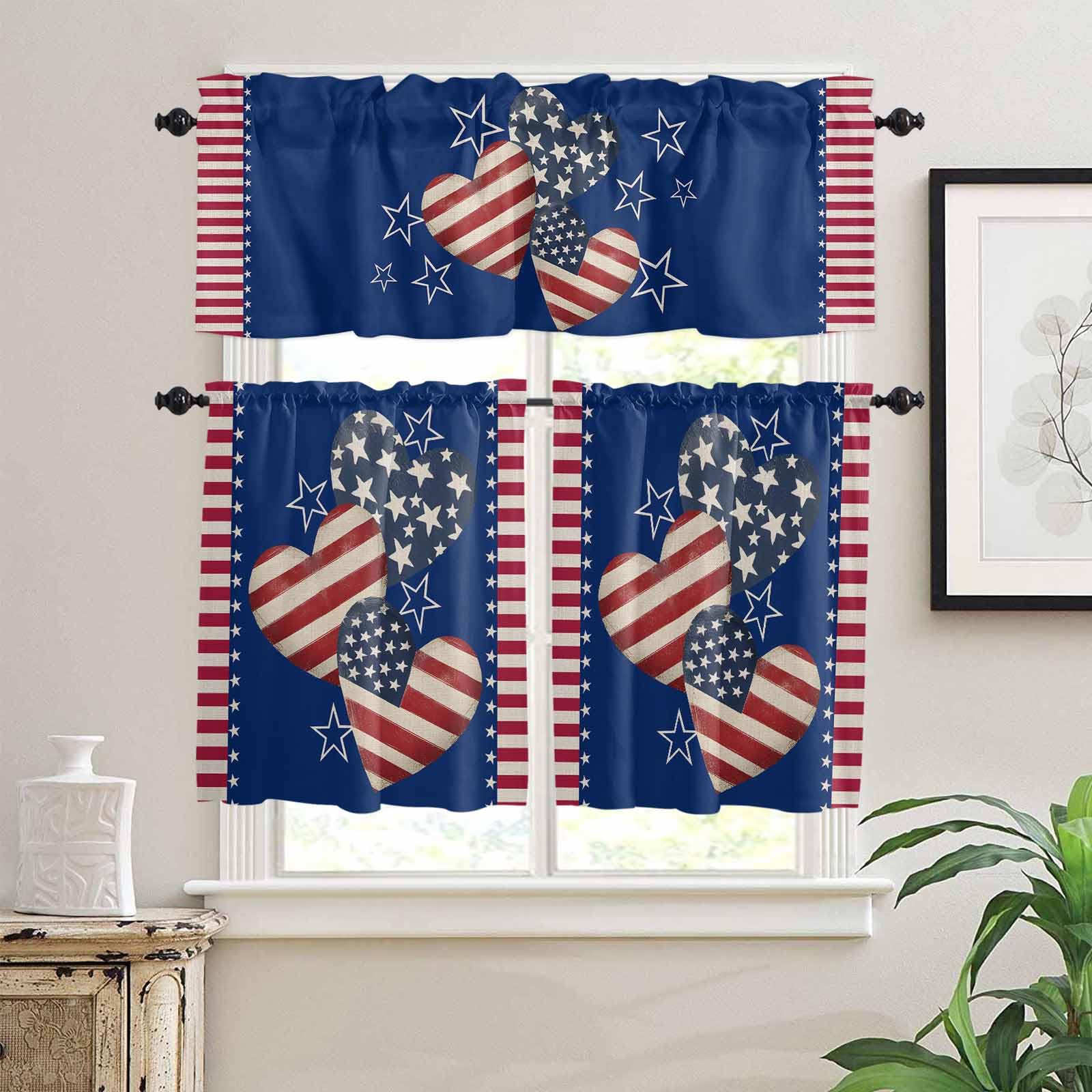 4th of July Kitchen Curtains 24 Inch Length, 3 Piece Rod Pocket Small Half Tiers and Valance Set, American Flag Independence Day Vintage Small Large Window Treatment Decor for Bedroom/Bathroom Sink