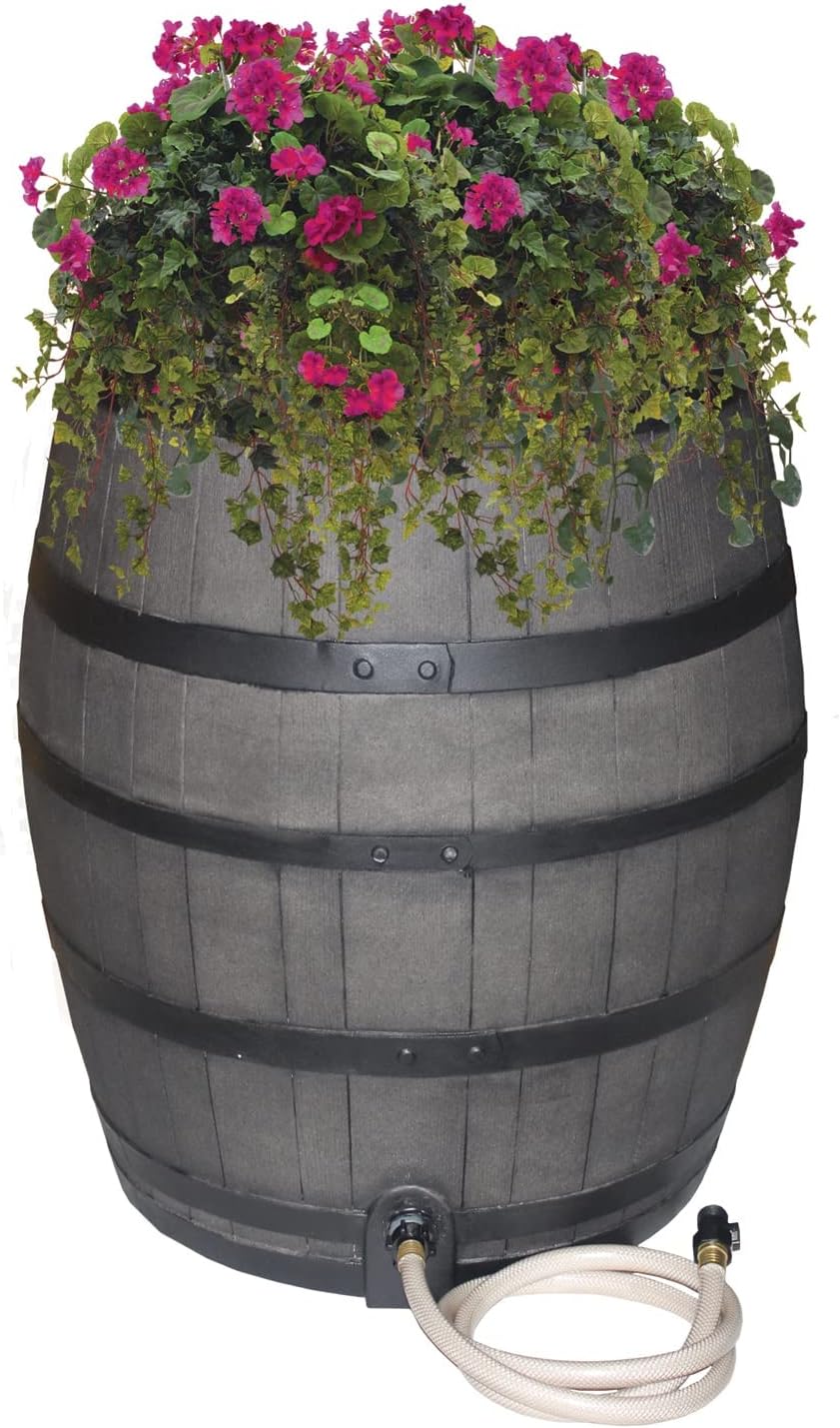 Rescue 50-Gallon Whiskey Rain Barrel – Includes Planter, Rain Water Diverter, Outlet Hose – Flatback Design – Brown