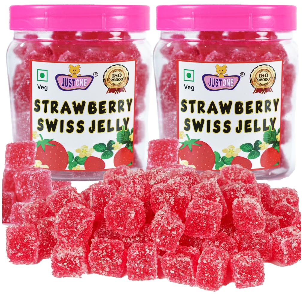 JUSTONE Strawberry Swiss Soft Jelly Candy CUBES TWIN JAR PACK 500 Gms - SOFT JELLY Bites JUJUBE COMBO PACK of 2 ( 250 gms x 2) – Mixed Fruit Jelly candy | Jelly Beans |Jelly Candy pops | Jellies for kids and adults | Sugar coated Jelly Candy | Swiss Chocolates | Colorful Yummy Candy | Sugar Coated Soft Jellies | Birthday Gifts | Return Gifts | Gift Hampers | Function Party all Festival Gifting Occassions | Customized Labels available