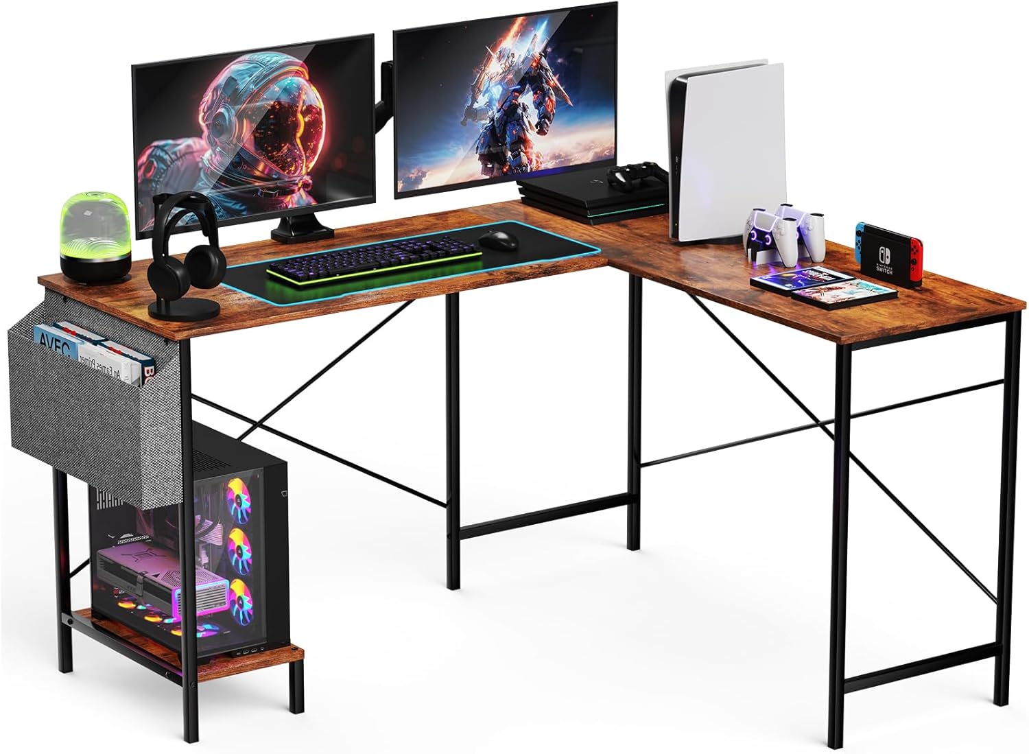 L Shaped Desk - 50" Reversible Home Office Computer Desk, Wood Top, Metal Frame, Side Bag, Sturdy Gaming Desk Corner Table for Work, Writing and Study, Space-Saving
