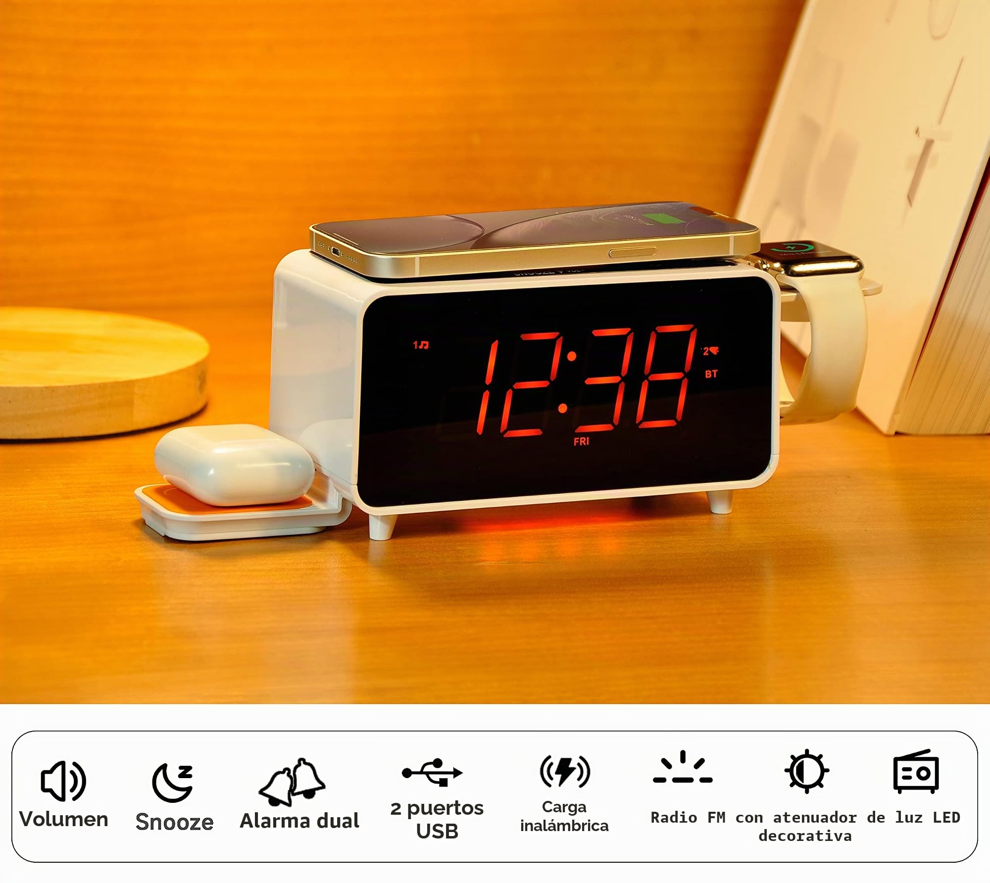iTOMA Radio Despertador de Doble Carga Inalámbrica con Altavoz Bluetooth, FM Radio, Dos Puertos USB, Doble Alarma, Snooze, Control del Dimmer CKS209