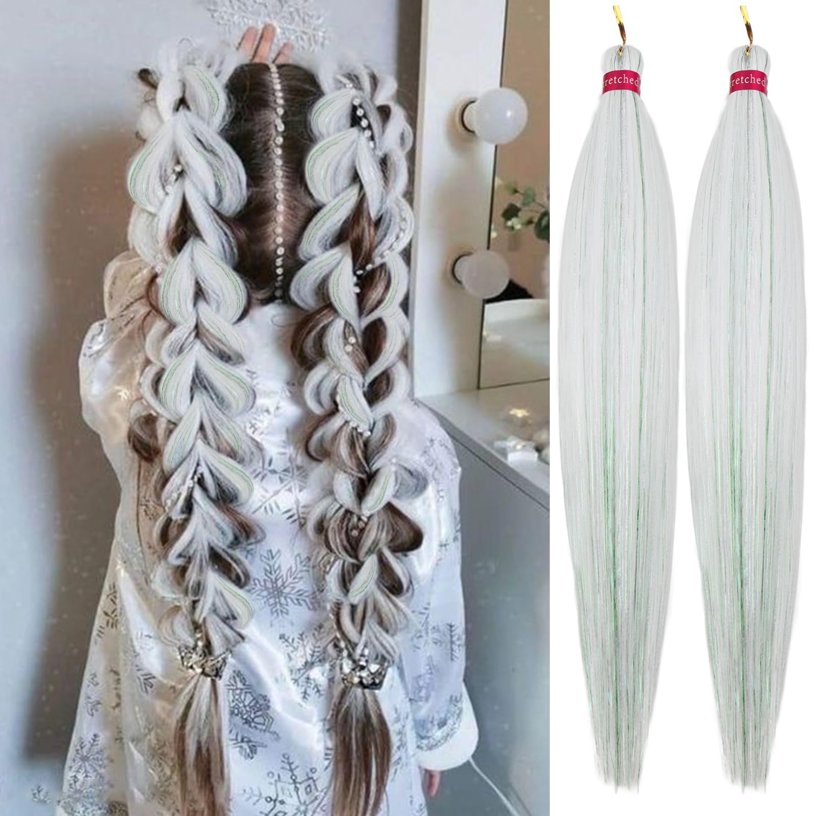 Cream White with Tinsel Braiding Hair Pre Stretched 2 Packs 26 Inches Box Braids Hair Extensions Synthetic Pre Stretched Braiding Hair